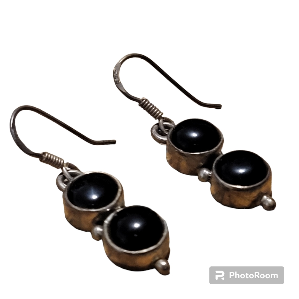 Vintage silver plated black onyx stone dangle earrings - Picture 3 of 5